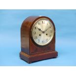 An early 20thC mahogany and walnut cased Mantle Clock, the numeric dial above the walnut inlay,