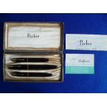 A quantity of vintage Parker Pens, including black Parker Duofold fountain pen and pencil set, black