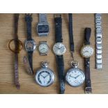 Two vintage steel Pocket Watches, Ingersoll and Smiths Empire, together with five various