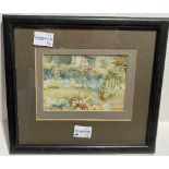 20thC School, miniature Oil on Ivory, depicting a garden scene, framed and glazed, 3in (8cm) x