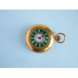 An 18ct gold and green enamel lady's Half-Hunter Pocket / Fob Watch, the white enamel dial with