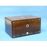 A Victorian rosewood and Mother of Pearl Box, the hinged lid enclosing vacant interior, upon one