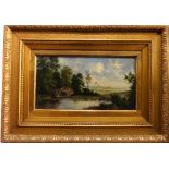 19th century School, Figure on a bridge in a wooded river landscape, oil on board, indistinctly sign