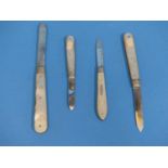 Four silver and mother of pearl folding Fruit Knives, by William Needham, hallmarked Sheffield 1892,