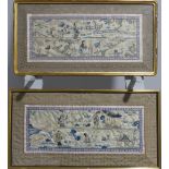 An antique Chinese embroidered Silk Panel, depicting characters in river scenes, enclosed by silk