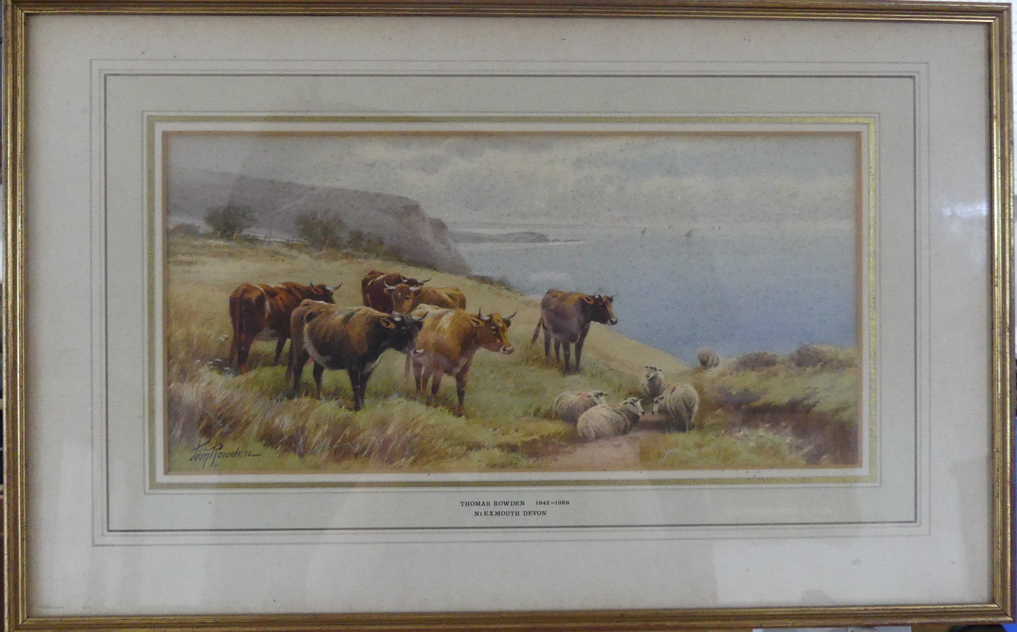 Thomas Rowden (1842-1926), ?Nr Exmouth?, Watercolour, depicting cows near the sea, signed to