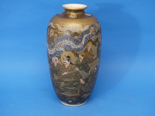 An early 20thC Japanese Satsuma Vase, depicting characters' faces, dragons and temples, with a - Image 2 of 8