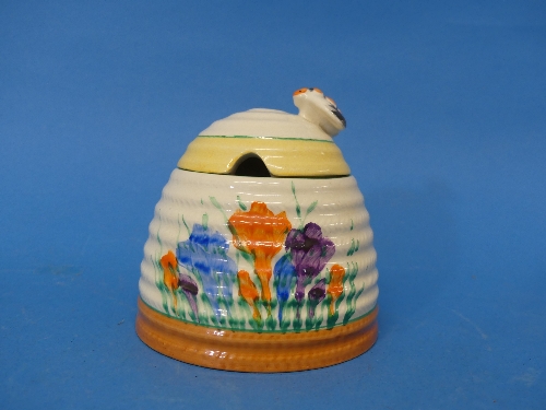 An early 20thC Clarice Cliff Newport Pottery 'Spring Crocus' pattern Honey Pot, with bee finial, - Image 2 of 10