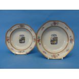 A pair of 18thC Chinese Export Armorial Porcelain Plates, of octagonal form, banded with red and