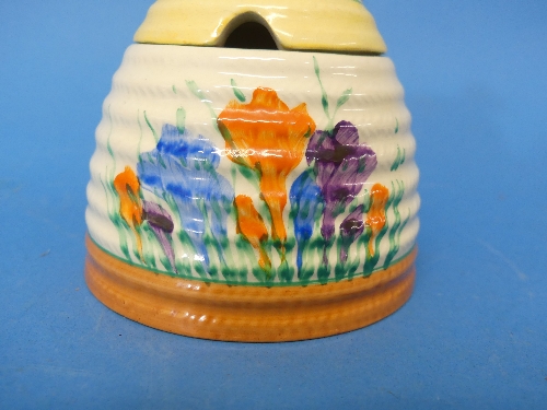 An early 20thC Clarice Cliff Newport Pottery 'Spring Crocus' pattern Honey Pot, with bee finial, - Image 6 of 10