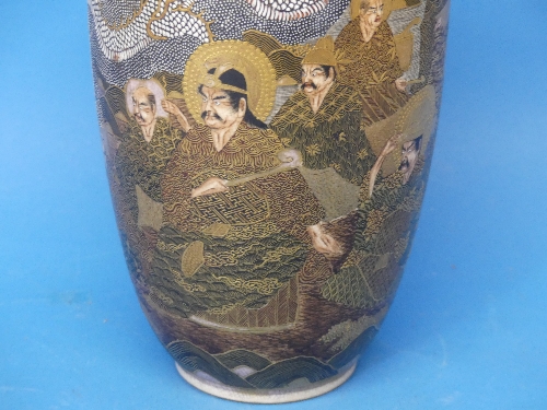 An early 20thC Japanese Satsuma Vase, depicting characters' faces, dragons and temples, with a - Image 6 of 8