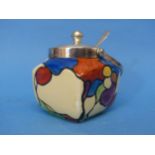 A Clarice Cliff 'Patchwork Leaves' Preserve Pot, the plated handled lid and spoon, with body