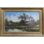 20th Century School, Riverscape, Oil on Board, depicting a Church overlooking the river, not signed,