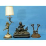 A vintage gilt metal Table Lamp in the form of a cherub, with shade, overall 18in (45.5cm) high, and