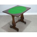 A Victorian walnut games Table, the rectangular fold-over top enclosing oval green baize, raised