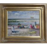 20th Century School, Seascape, Oil on Canvas, depicting a group of people with a person holding