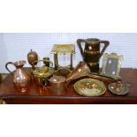 A vintage Baxendale & Co. Ltd. copper conical scoop, and a brass-bound oak two-handled pot, 12½in (