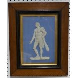 A Wedgwood Jasperware portrait Plaque, in light blue ground, depicting a warrior with a club, framed