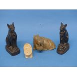 A small quantity of Soapstone carved animals, comprising two Egyptian style cats, a stylised lion,