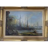 Delon, British 20thC, Harbour Scene, Oil on Canvas, signed to bottom right, 20in (50cm) x 30in (