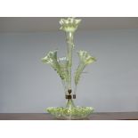 A green and frosted glass four-trumpet Epergne, the four trumpets with further glass decoration in