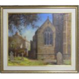 20thC School, (British) Thompson 'Uplyme Church' Oil on Canvas, signed to bottom left, framed, label