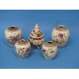 A small quantity of Chinese Famille Rose Jars, four lacking lids, one repaired , with a lidded