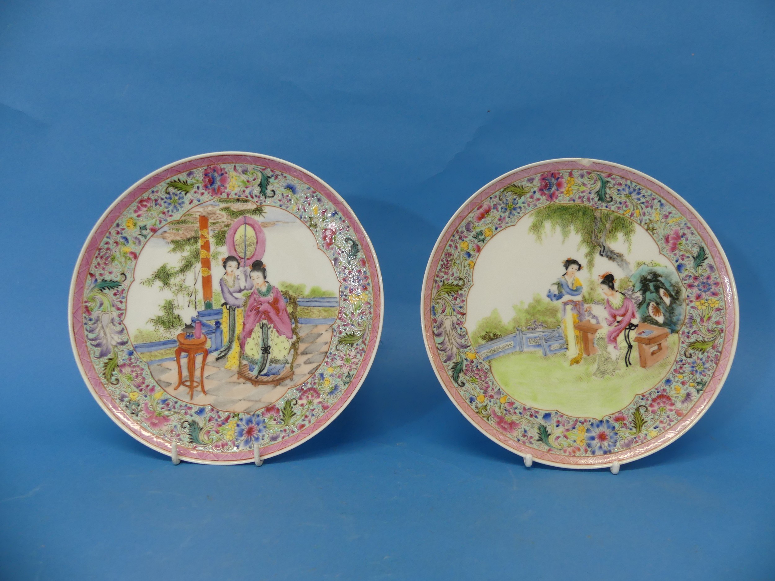 A pair of early 20thC Chinese porcelain Wall Plates, one chipped, red character mark to base, - Image 3 of 8