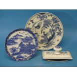 A 19thC Chinese blue and white Plate, decorated with cranes and foliate decoration, together with