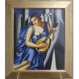 After Tamara de Lempicka 'La Musicienne', Copy, Oil on Canvas, depicting a woman holding her