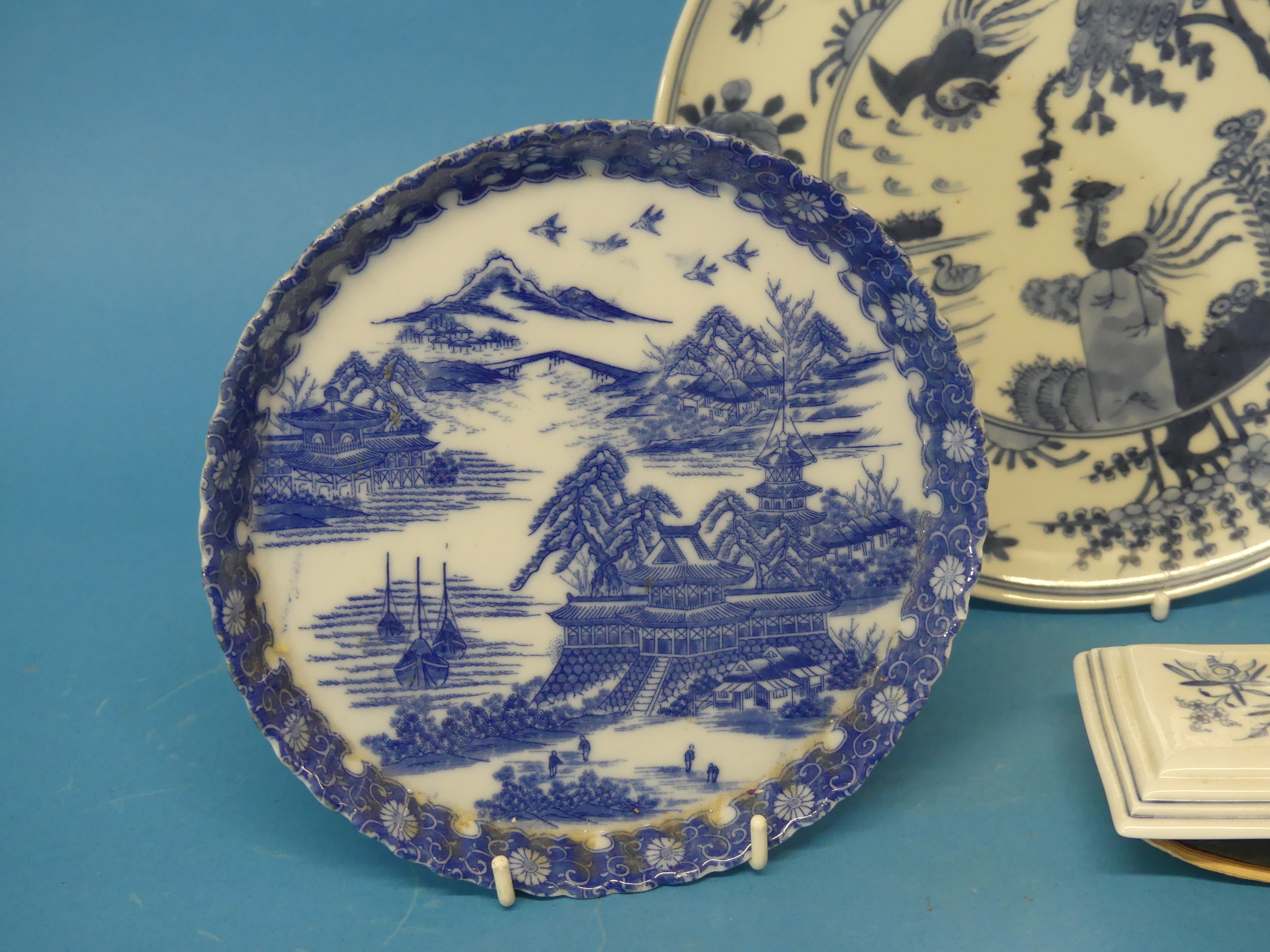 A 19thC Chinese blue and white Plate, decorated with cranes and foliate decoration, together with - Image 3 of 8