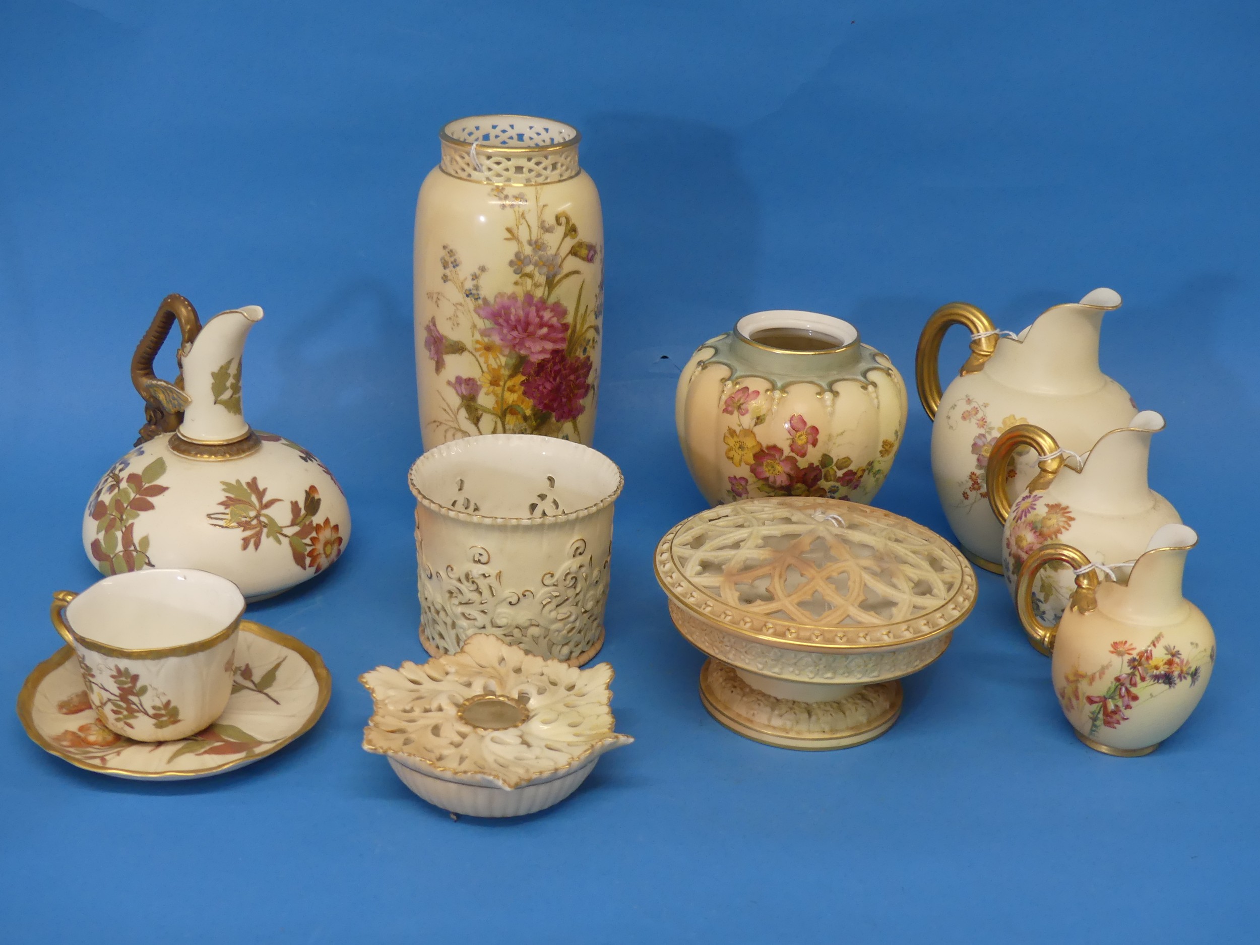 A Royal Worcester Blush Ivory Squat Jug, with stylised flowers, shape 1048, together with a Blush