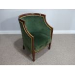 An Edwardian mahogany framed tub Chair, with boxwood stringing and green upholstery on square