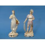 A pair of Continental porcelain Figures, one depicted as a soldier, one repaired, with crossed lines