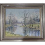 Mervyn Goode (British, b.1948), The river bridge at Pembridge, nr.Leominster, oil on canvas,