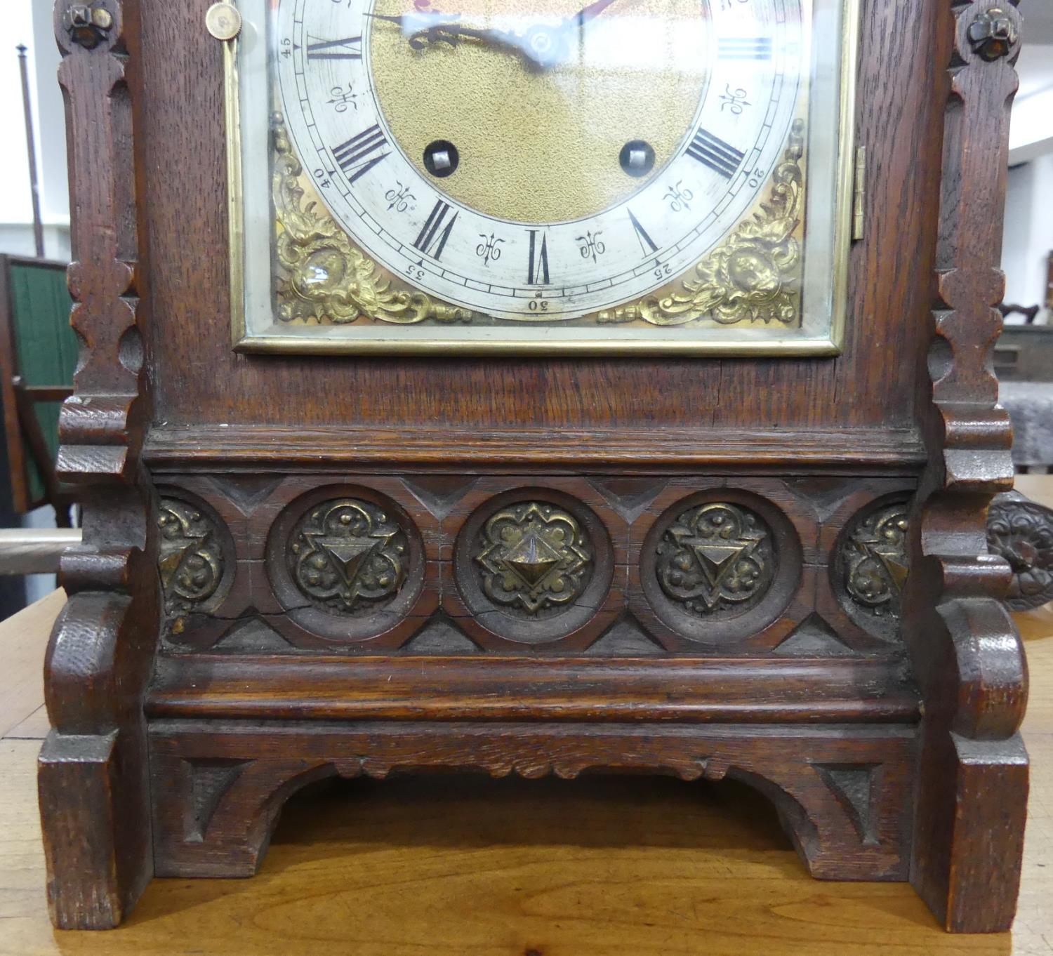 A late 19th century striking Bracket Clock, in architectural oak case with brass mounts, the 6in ( - Image 3 of 8