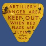 A mid 20thC yellow enamel triangular War Department "Artillery" Warning Sign, red lettering on