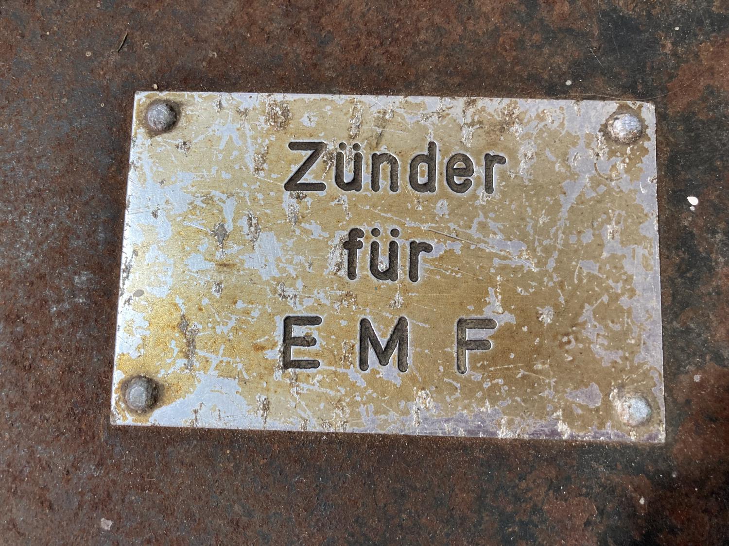 A German WW1 period metal ammunition box, thought to be for hand-grenades, labelled ZUNDER FUR EMF