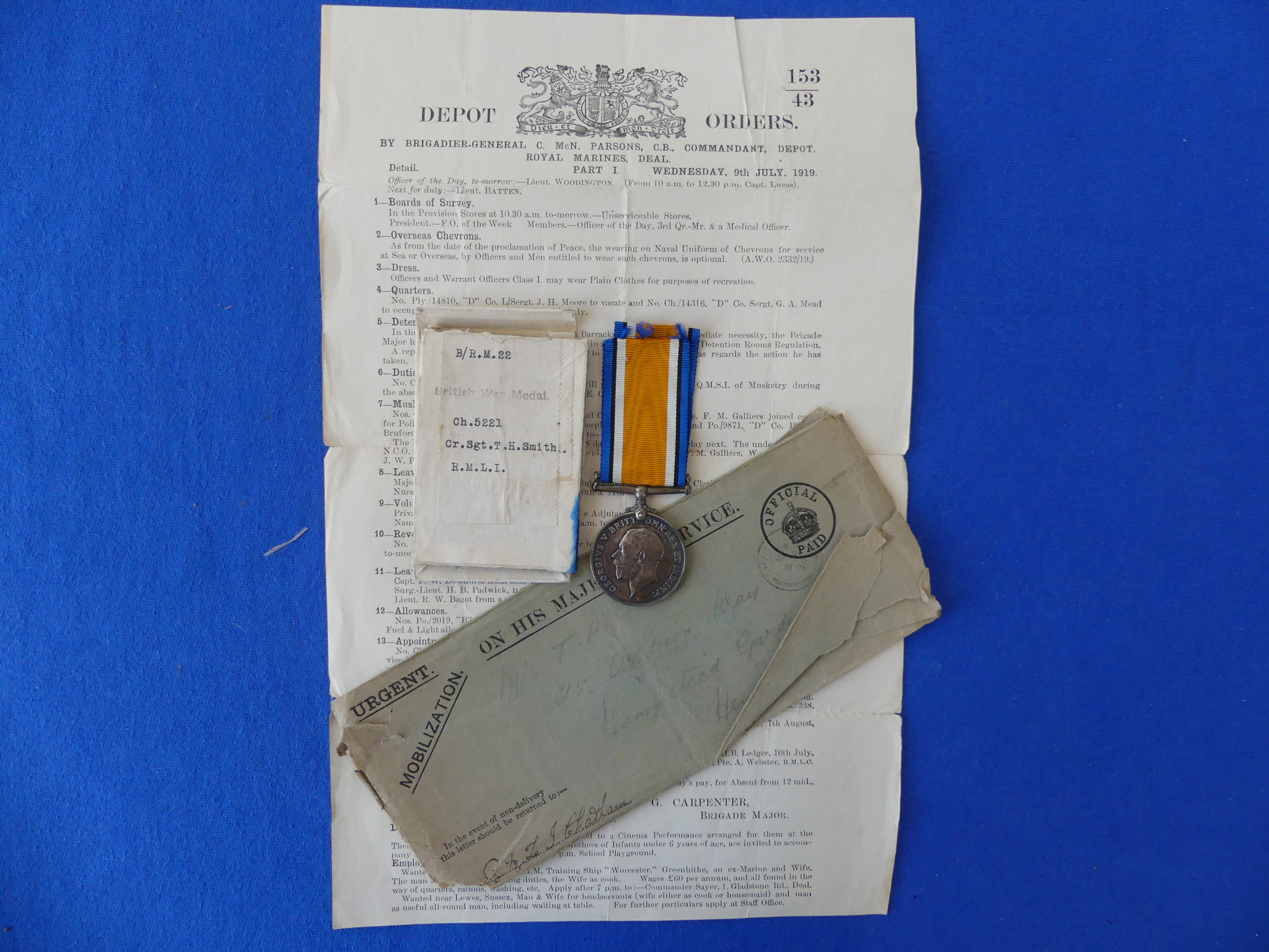 A W.W.1 British War Medal, awarded to Ch.5221 Cr. Sgt. T. H. Smith. R.M.L.I., together with an