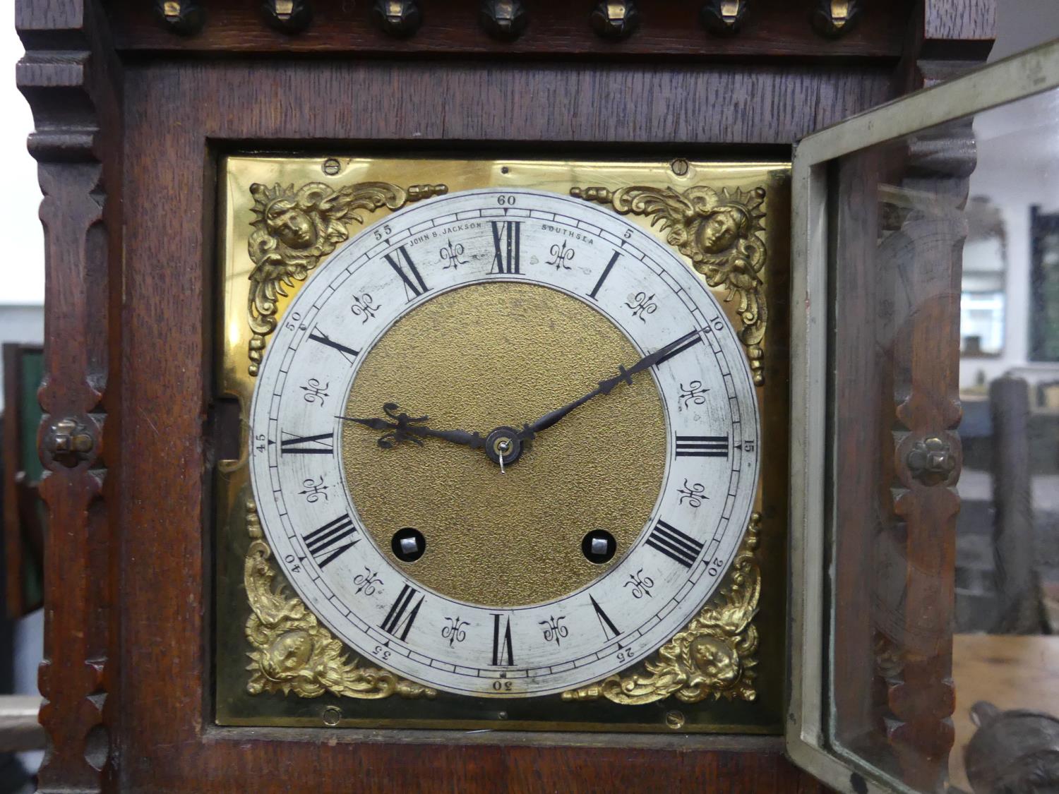 A late 19th century striking Bracket Clock, in architectural oak case with brass mounts, the 6in ( - Image 4 of 8