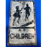 An Original Pre-Worboys pressed aluminium Roadsign 'Children' (playing with a ball), manufactured by