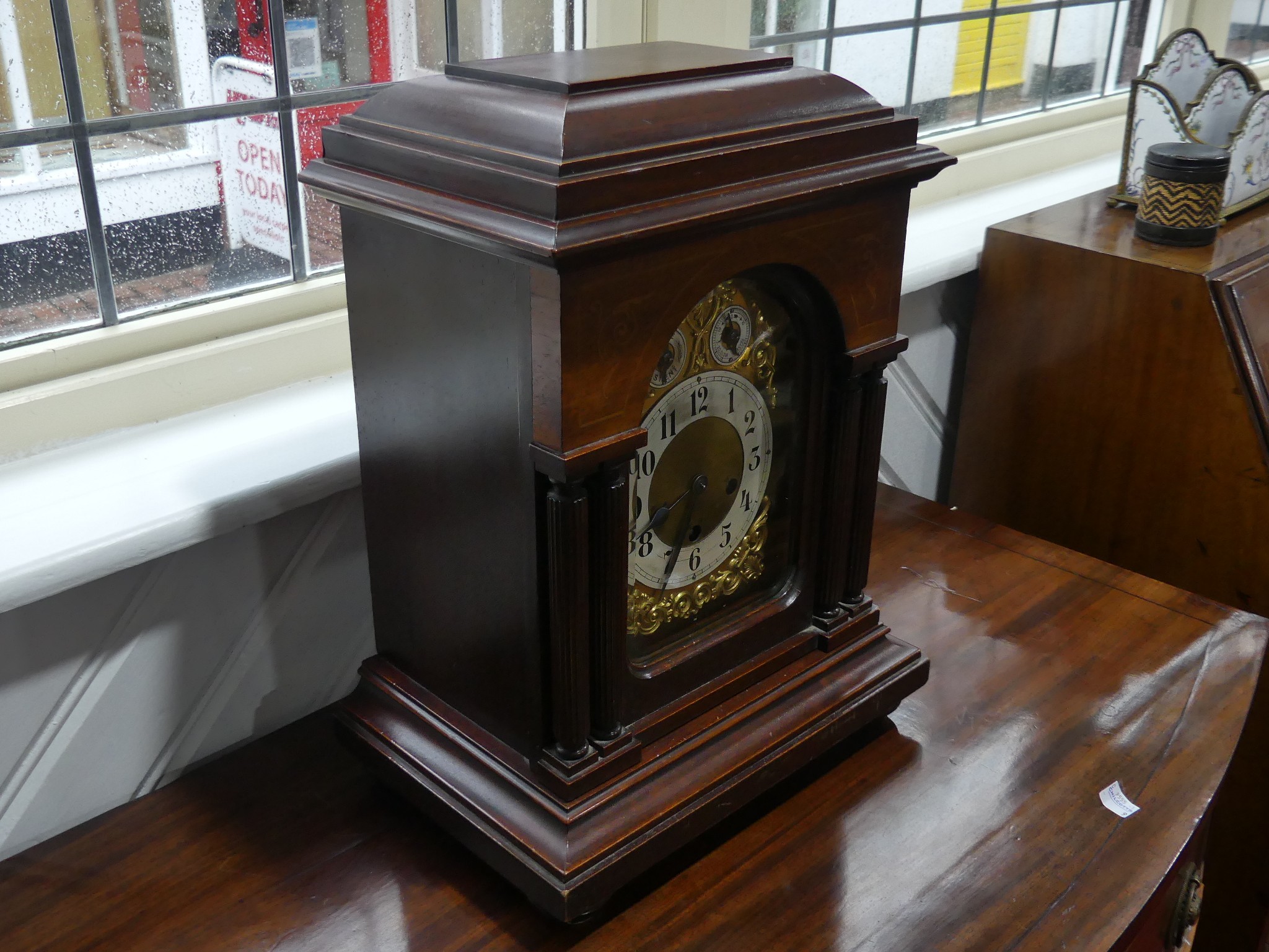 An early 20th century Junghans chiming Mantel Clock, the brass ached dial with silvered chapter ring - Image 2 of 5