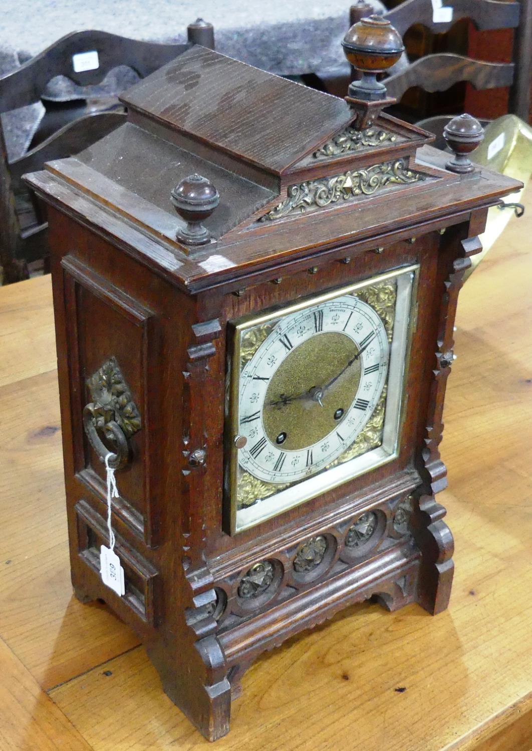 A late 19th century striking Bracket Clock, in architectural oak case with brass mounts, the 6in ( - Image 2 of 8