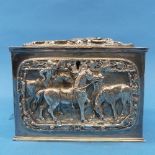 A Continental silver plated hinged Box, the front and lid with equestrian country scene, wood