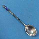 A late 19thC Russian silver and champleve enamel  Spoon, 88 zolotniki with Moscow mark and makers