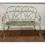 A pair of vintage green-painted Folding garden Benches, wrought metal frames, 45in (114cm) wide x