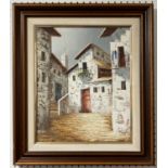 20thC School, Oil on Canvas, Village Scene, depicting a continental Village, indistinctly signed,