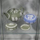 A small quantity of Wedgwood Jasperware; comprising Teapot in Sage green, together with two other