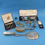 A quantity of silver and silver plate, including hair brush and mirror, two scent bottles, no