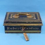 A vintage black/gold metal Deed Box, inscribed Robert Gardam, containing a small quantity of mixed